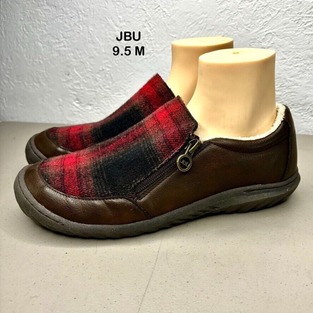 JBU Crimson Brown Vegan‎ Leather Red Black Plaid Flat Oxford Womens Size 9.5M